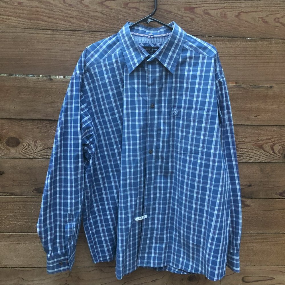 Men's ARIAT PRO Series XXL Blue Plaid Long Sleeve Button Down Shirt